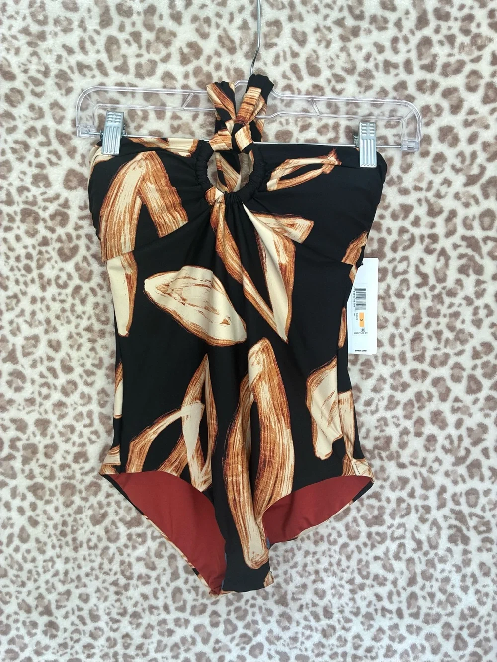 DKNY Black One-Piece Swimsuit with Tan Leaf Print - Picture 2 of 9